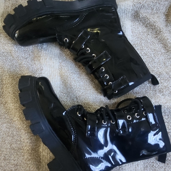 Black Patent Faux Leather Combat Boots - Picture 6 of 6